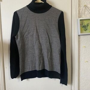 Talbots Turtleneck Merino Sweater Black White‎ Chevron Pattern Long Sleeve Top